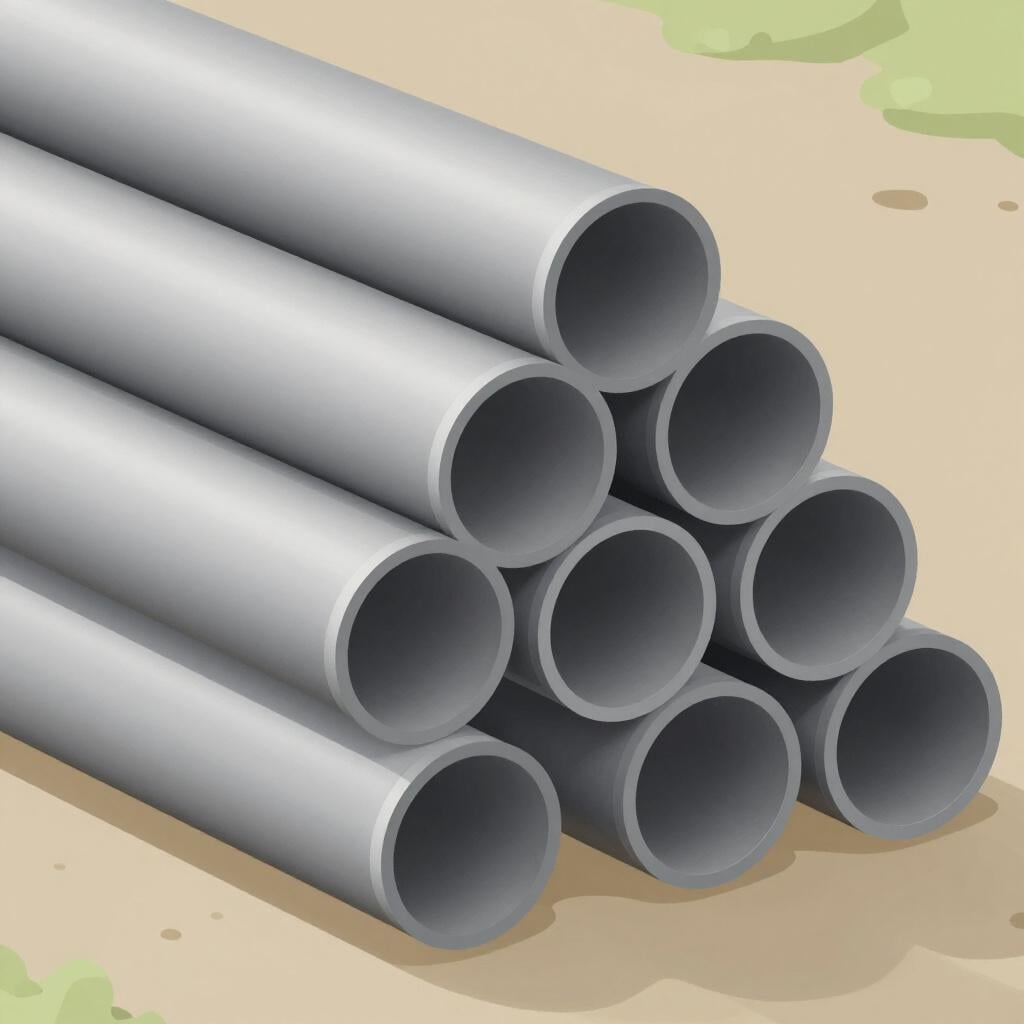 A stack of various grey industrial pipes neatly arranged in a pile.