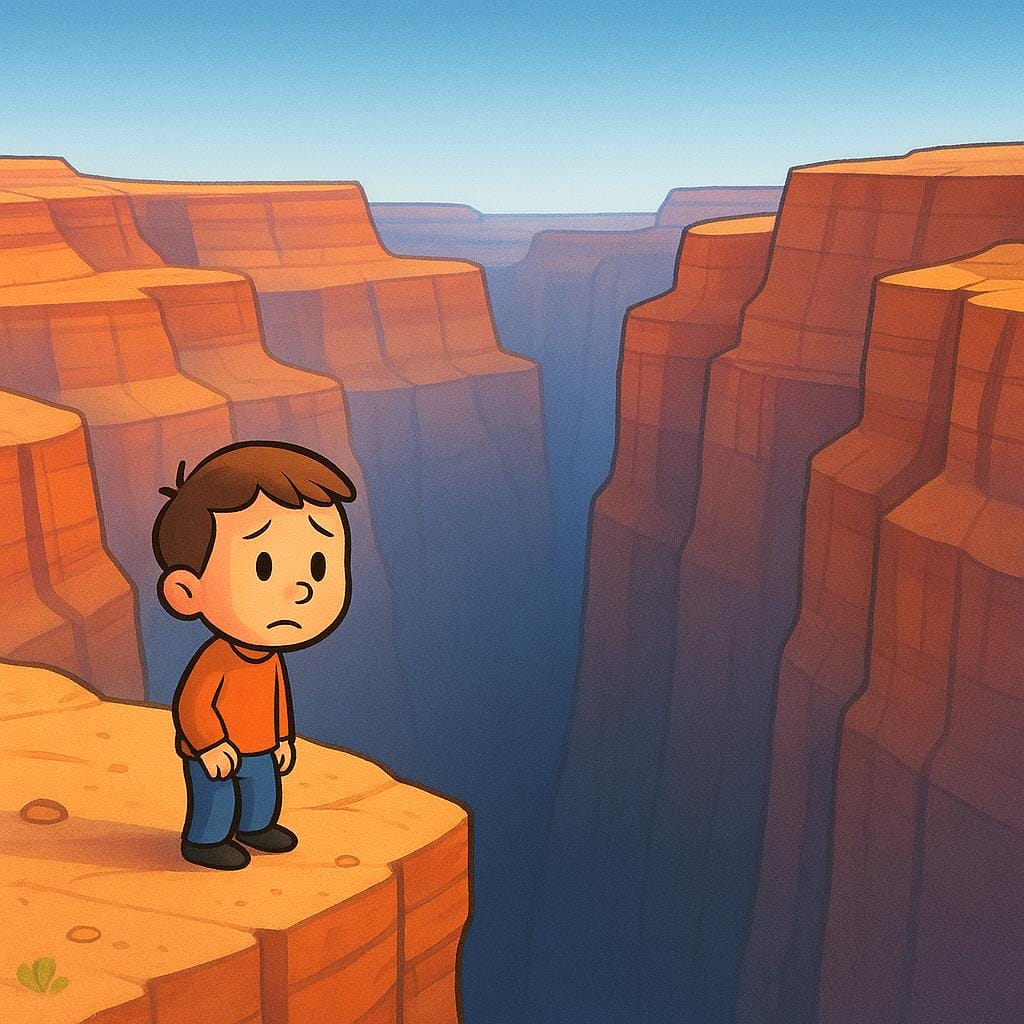 A small, cartoon figure standing hesitantly at the abrupt edge of a deep canyon, illustrating a precarious situation or risk.