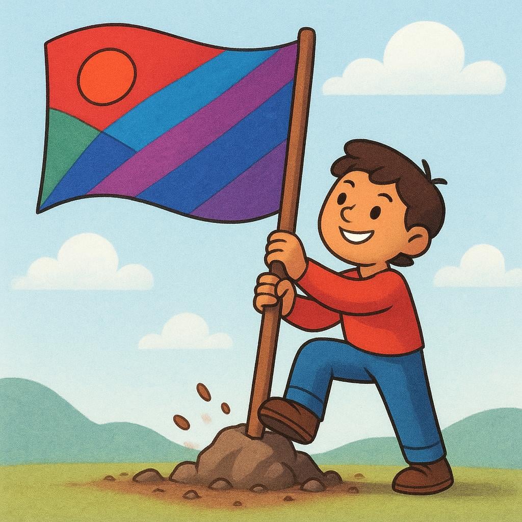 A cheerful, determined character firmly planting a large, bright flag into solid ground, symbolizing a strong commitment to an idea.