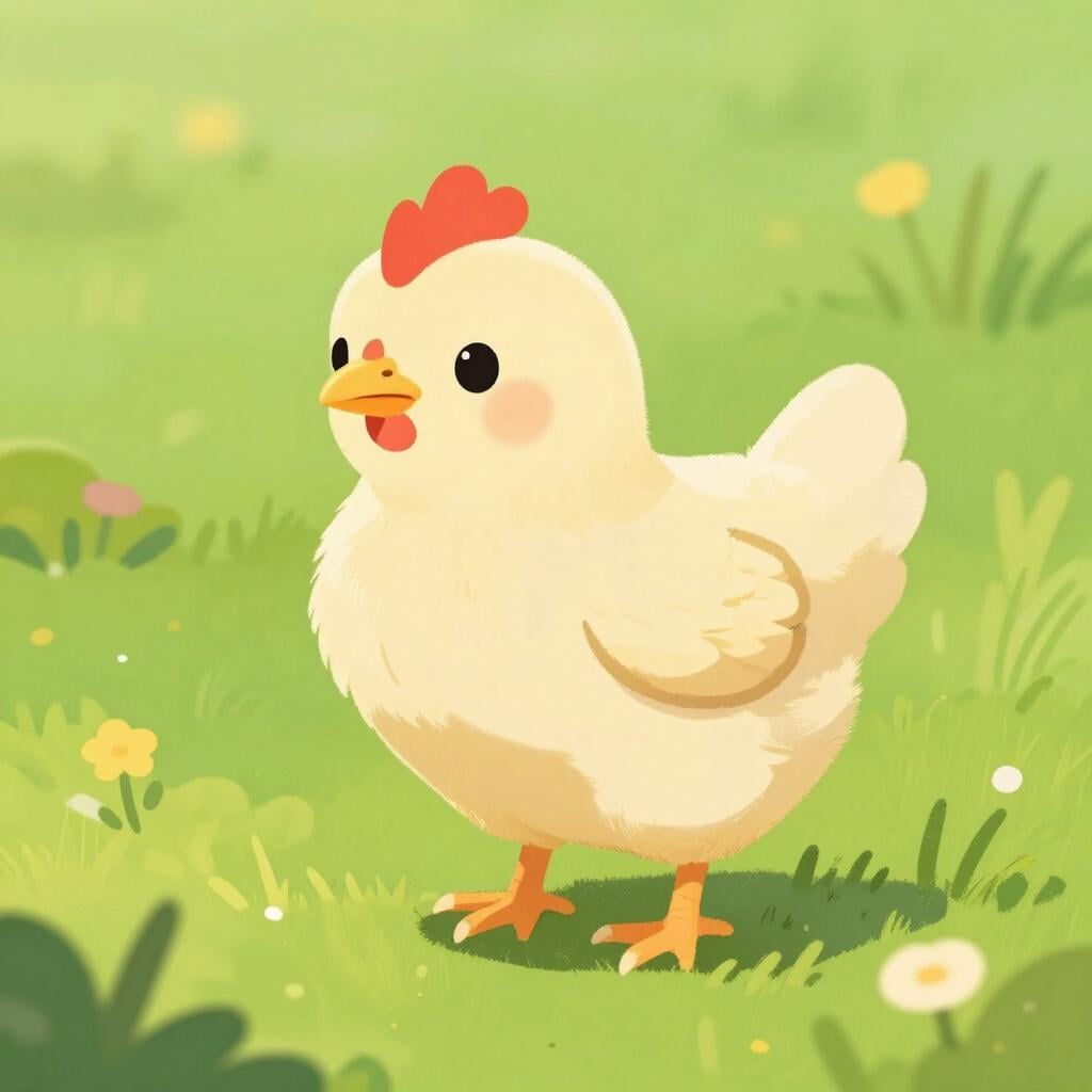 A small, young female chicken standing in green grass.