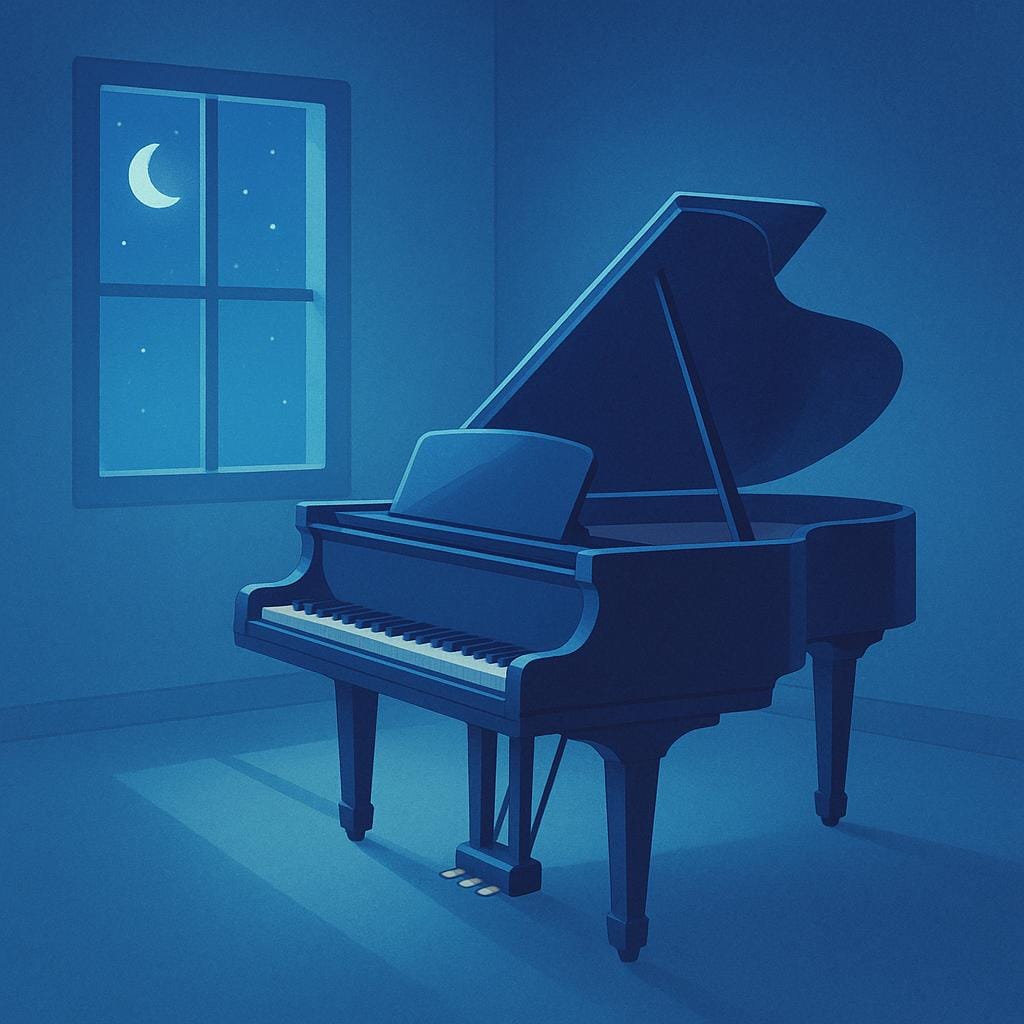 A grand piano standing alone in a dimly lit room, softly illuminated by blue moonlight streaming through a large window.