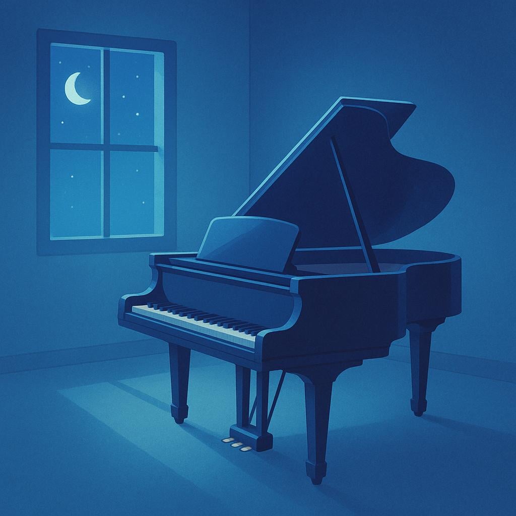 A grand piano standing alone in a dimly lit room, softly illuminated by blue moonlight streaming through a large window.