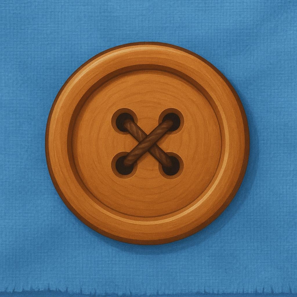 A close-up view of a large, round, brown button with four holes, sewn onto blue fabric.