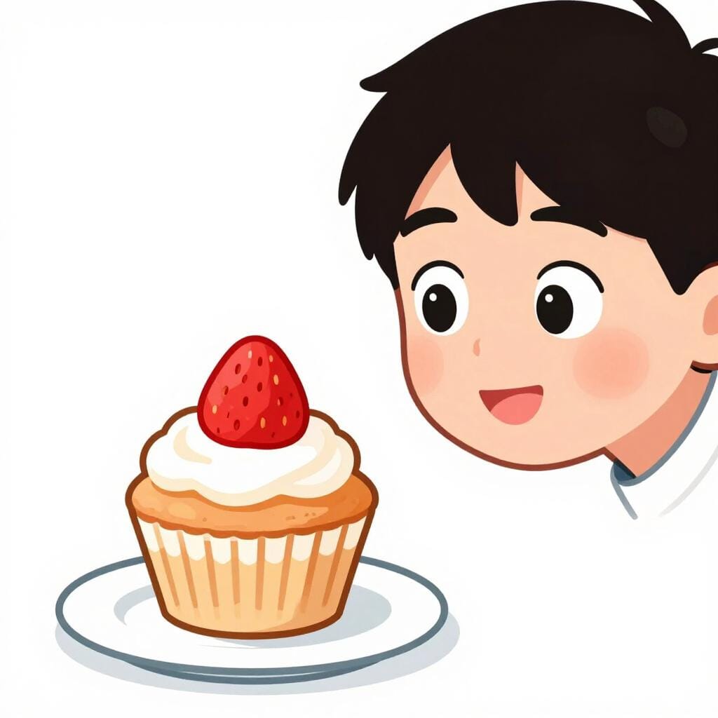 Een kleurrijke illustratie van een persoon die blij kijkt naar een grote, heerlijke aardbeien-cupcake met roze glazuur.