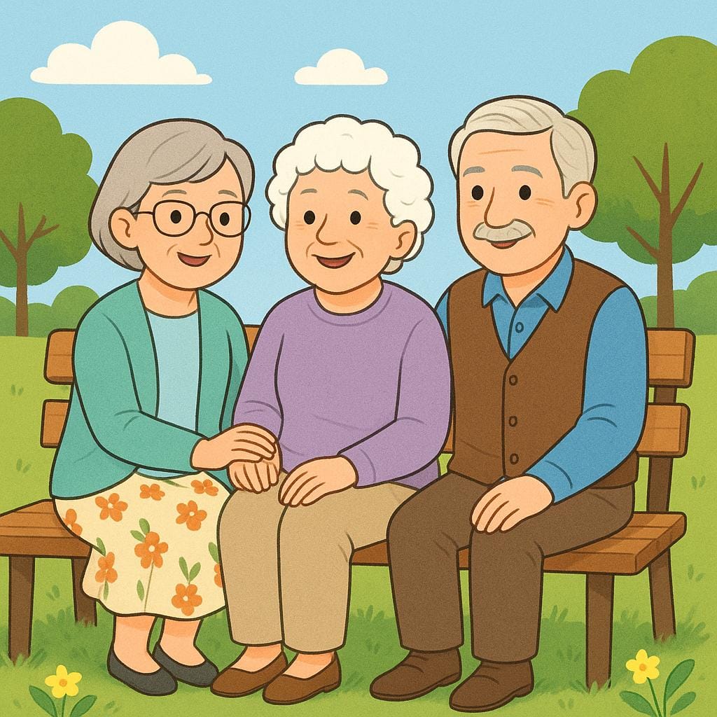 A diverse group of three smiling elderly people sitting on a park bench, looking friendly and relaxed.