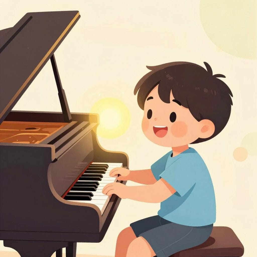 A young child sitting at a piano, playing with focus and natural ease.