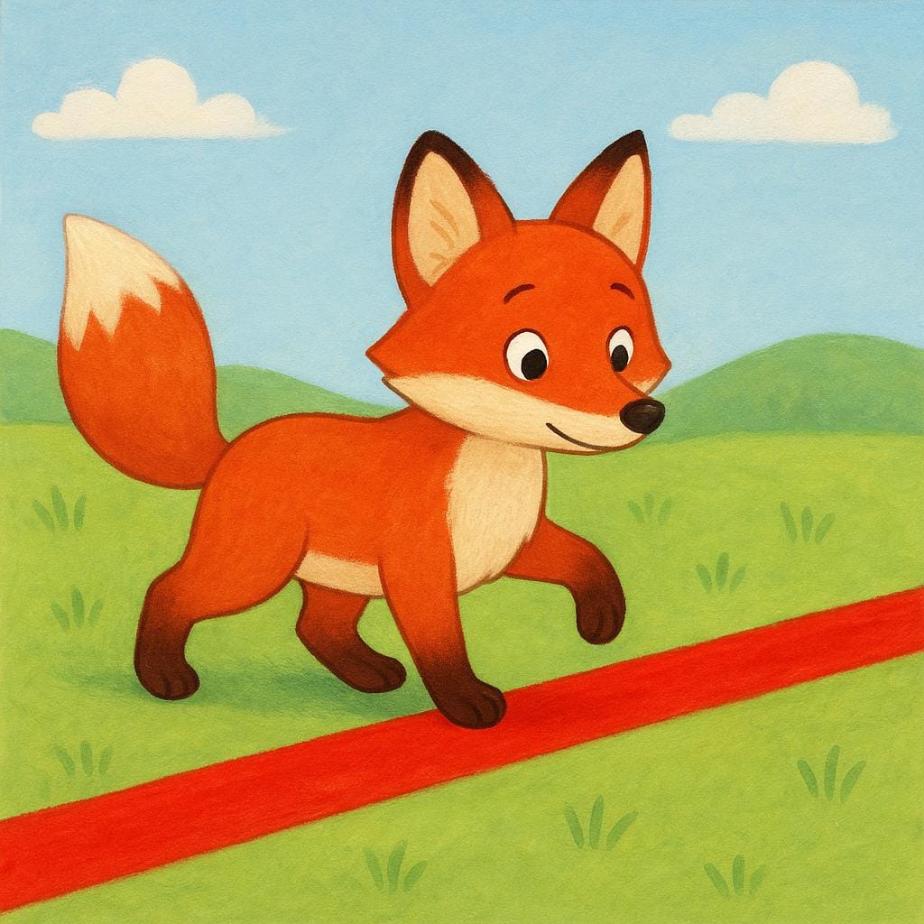 A storybook illustration of a curious fox deliberately stepping over a thick, bright red line painted on the ground, illustrating the violation of a boundary or rule.