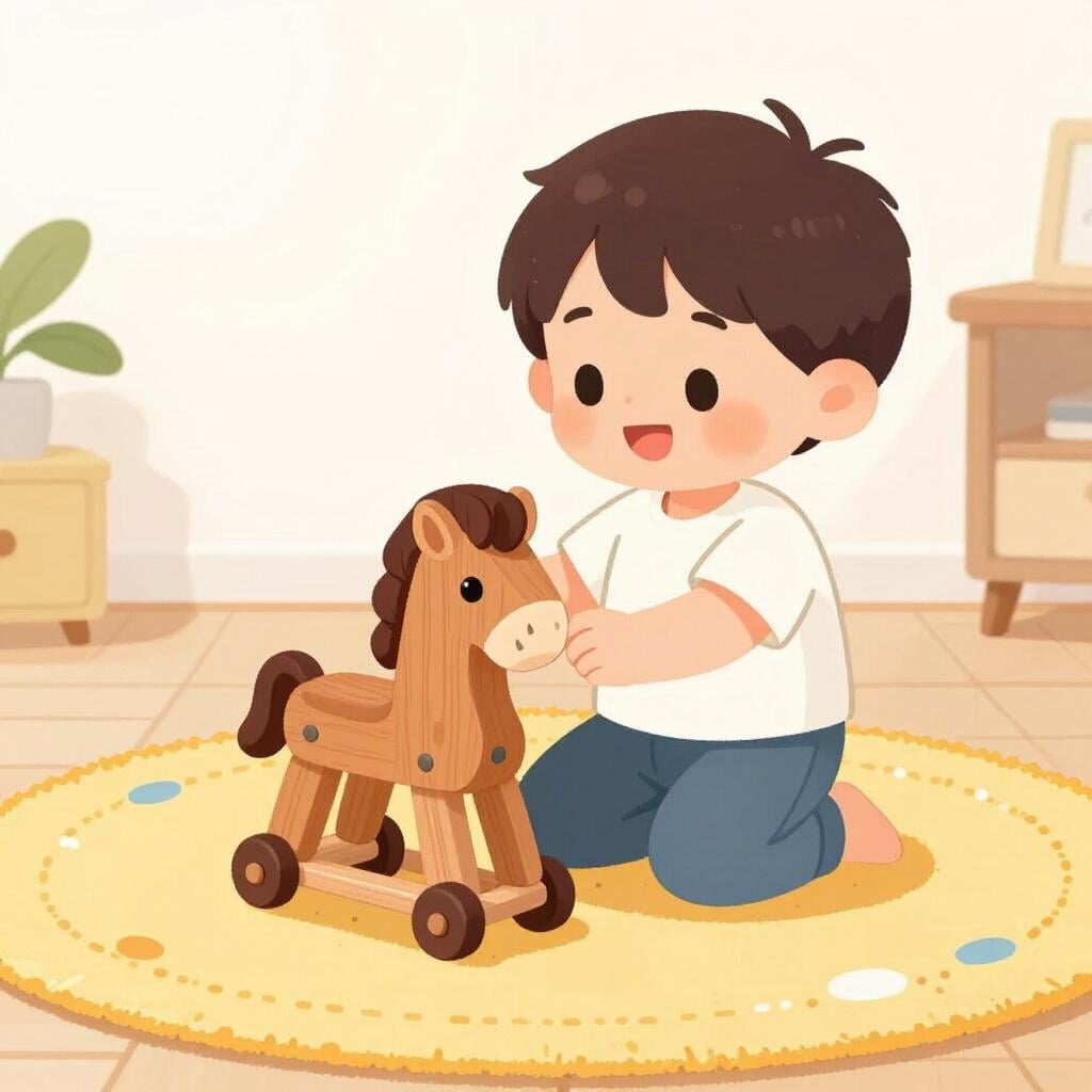 Uma criança pequena brincando alegremente com um cavalo de brinquedo de madeira colorido em uma sala ensolarada.