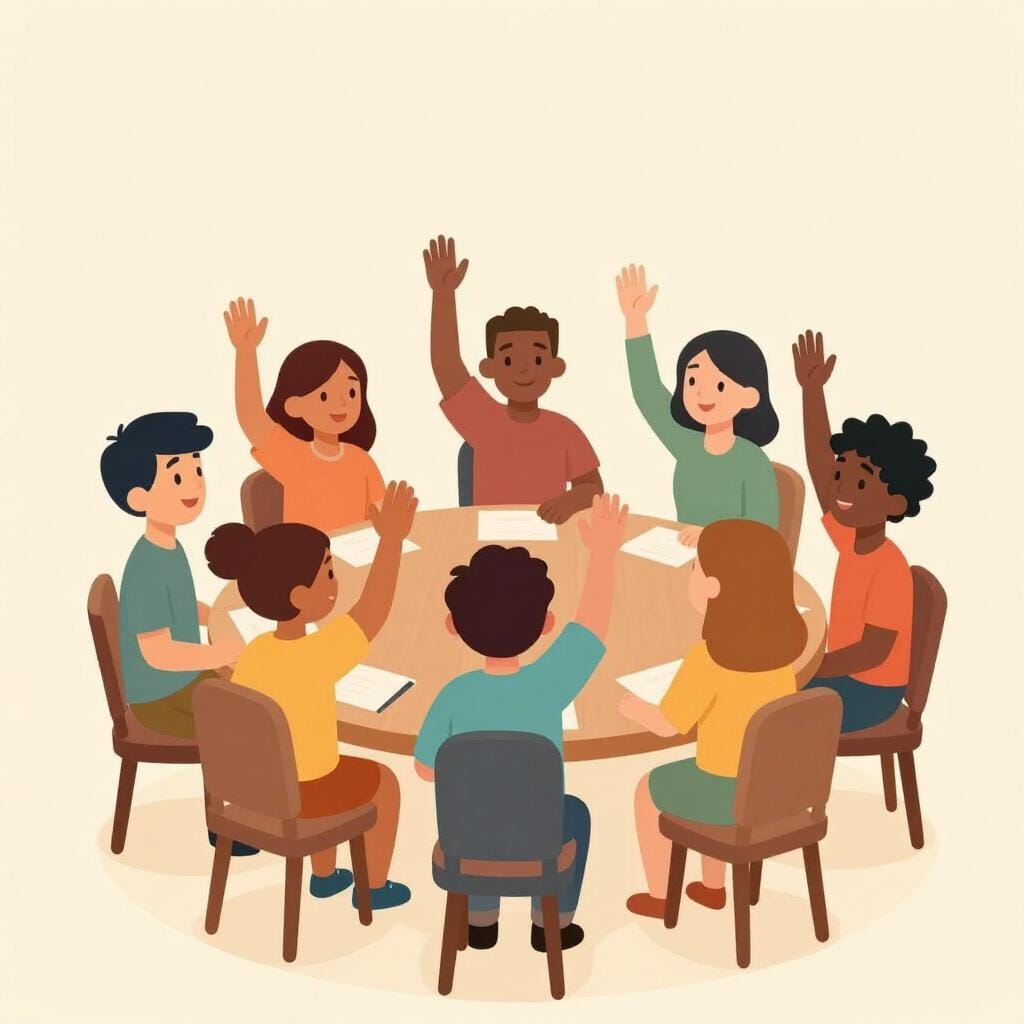 A group of cheerful people all raising their hands at the same time in agreement.