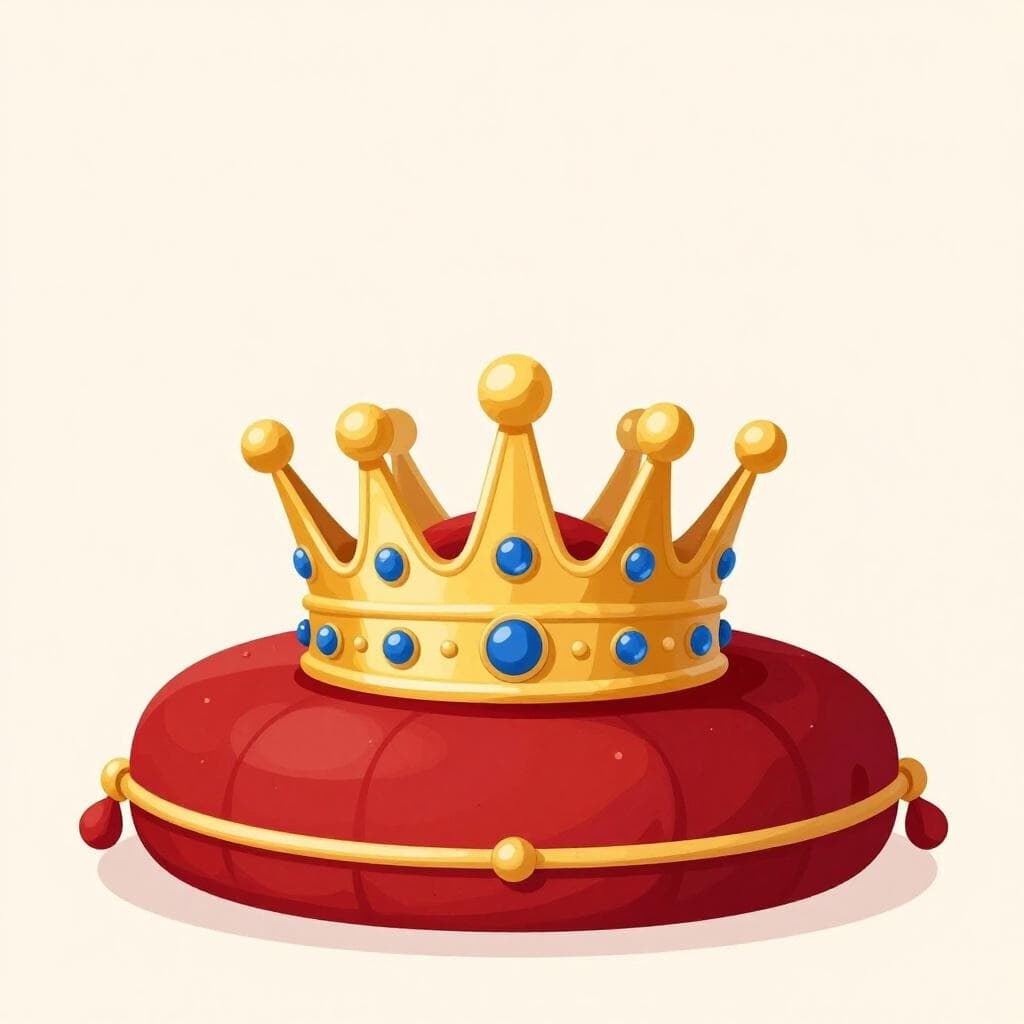 Een kleurrijke illustratie uit een prentenboek van een majestueuze gouden kroon op een fluwelen kussen, die de onafhankelijke macht van een natie symboliseert.