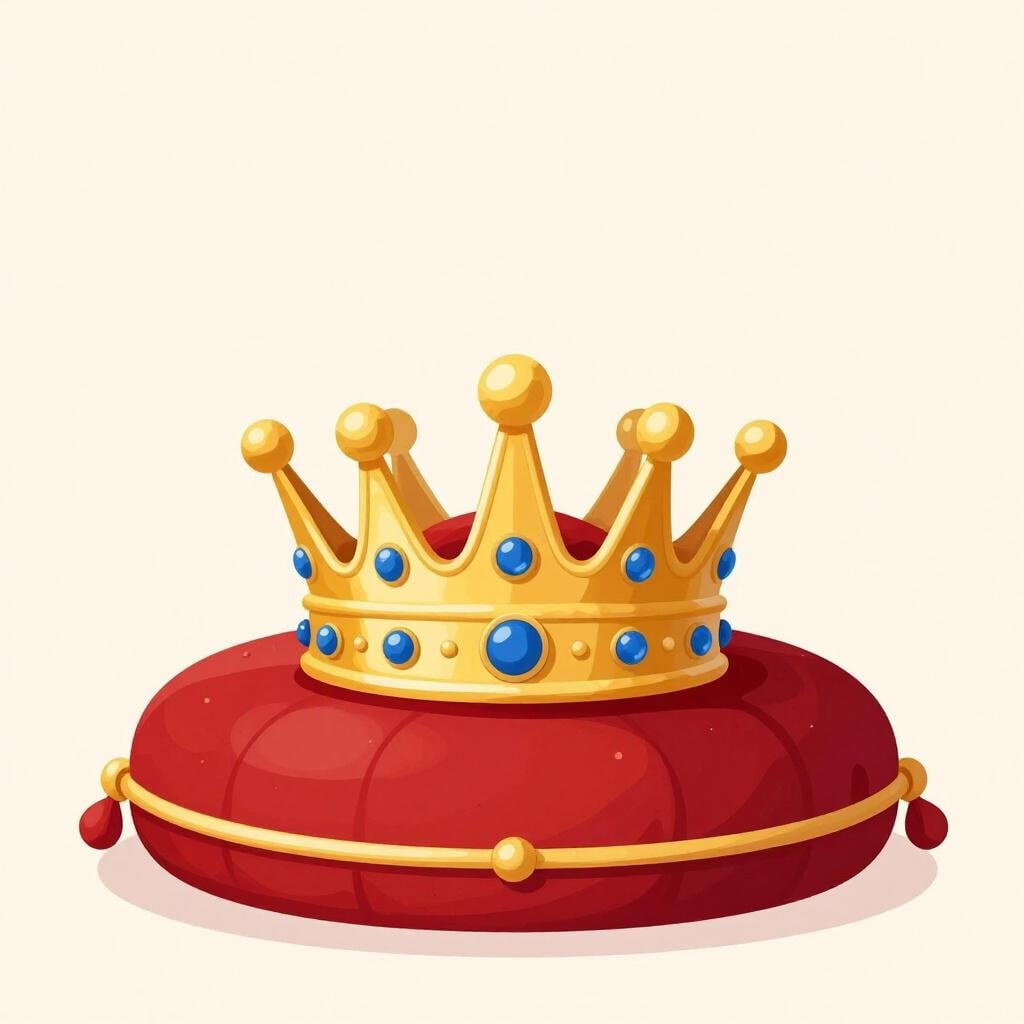 Eine farbenfrohe Bilderbuchillustration einer majestätischen goldenen Krone, die auf einem Samtkissen ruht und die unabhängige Macht einer Nation symbolisiert.