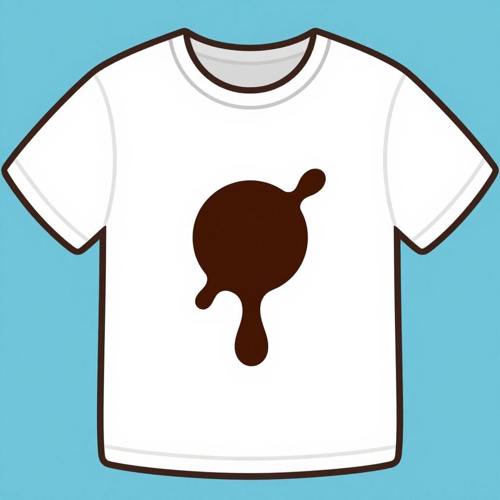 A white shirt with a large, dark brown coffee stain on the front.