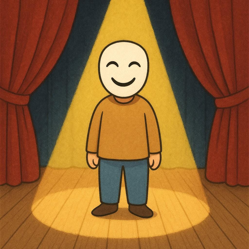 A figure wearing a simple, smiling comedy theatrical mask, standing center stage under a bright yellow spotlight.