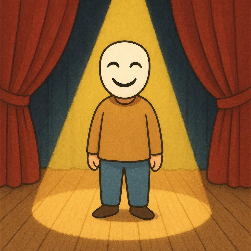 A figure wearing a simple, smiling comedy theatrical mask, standing center stage under a bright yellow spotlight.
