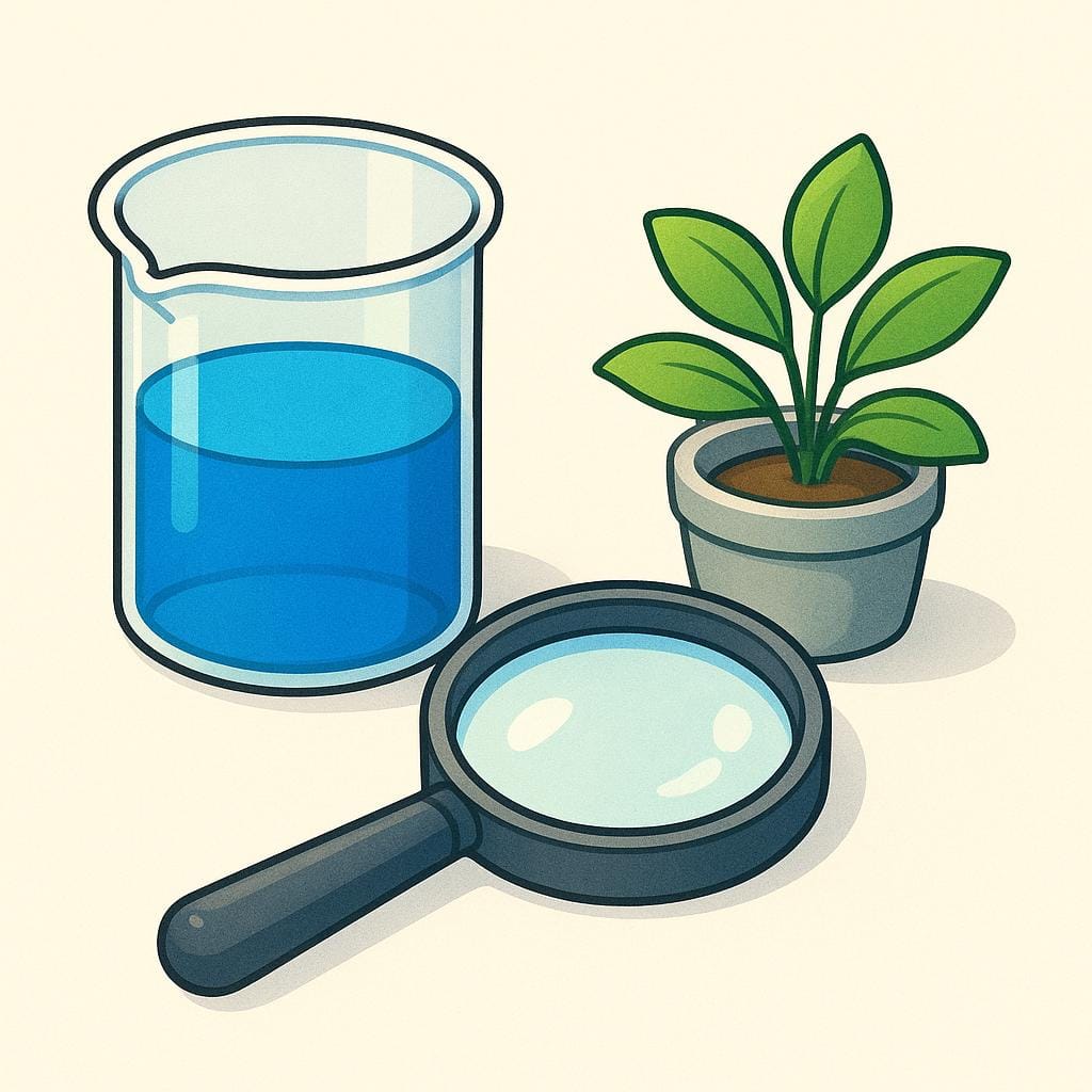 A simple illustration showing a glass beaker filled with blue liquid next to a large magnifying glass and a simple green plant, symbolizing scientific study.