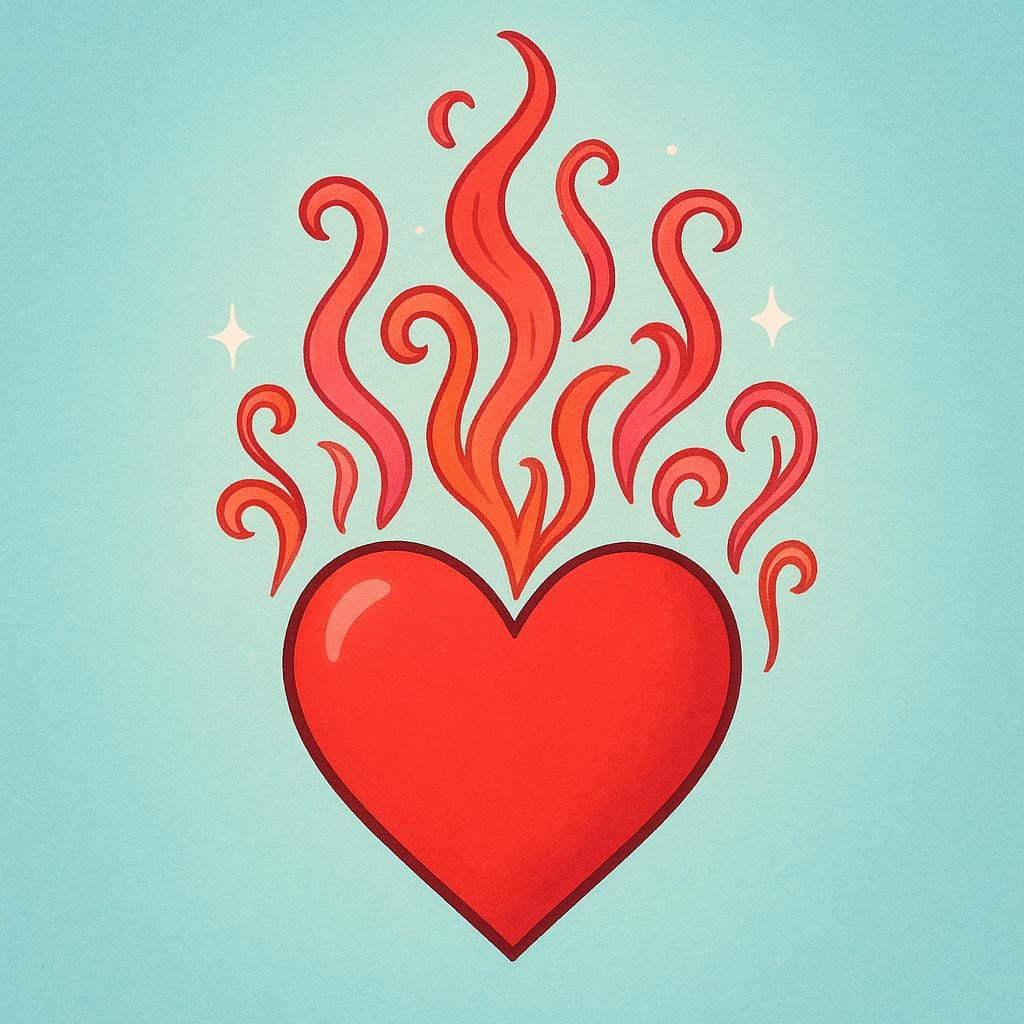 A stylized, bright red heart shape radiating small, swirling flames, symbolizing intense passion or ardor.