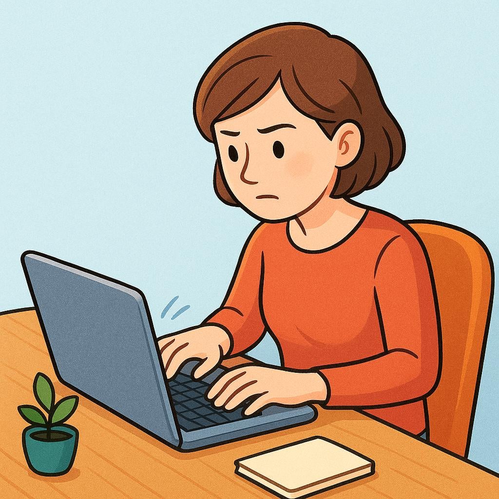 A focused woman sitting at a wooden desk, typing diligently on a laptop screen, illustrating the action of working.