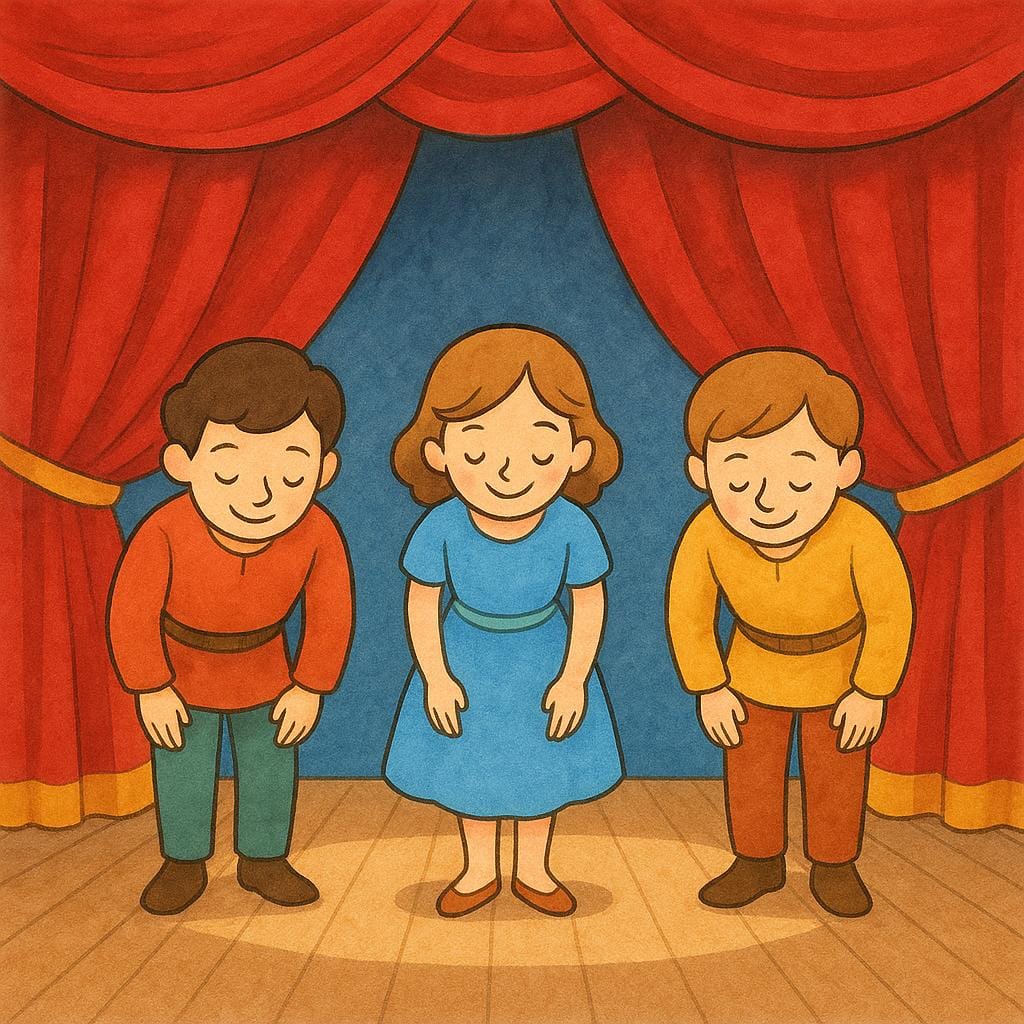 A storybook illustration of three performers, two men and one woman, wearing simple theatrical costumes, standing center stage and taking a bow in front of red velvet curtains.