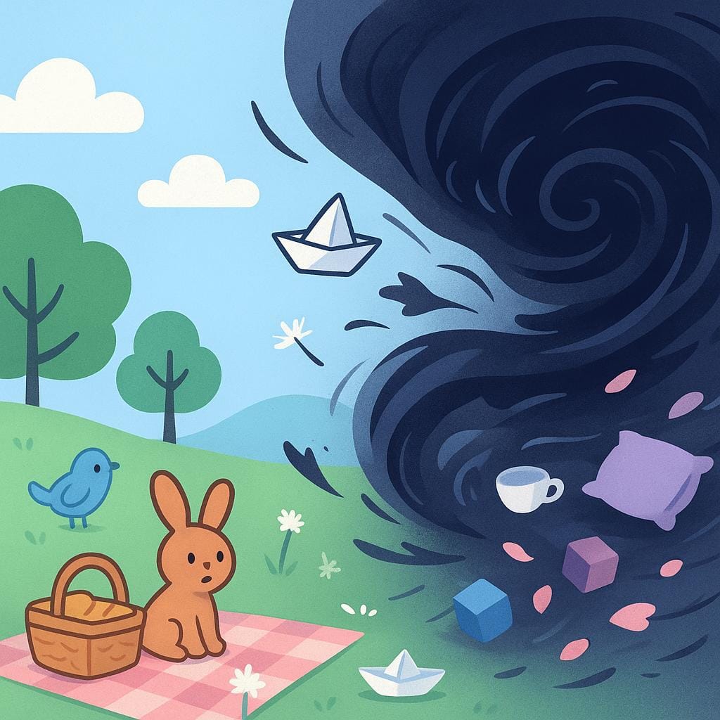 A storybook drawing showing a sudden, dark swirling wind disrupting a calm, sunny meadow, scattering colorful objects.