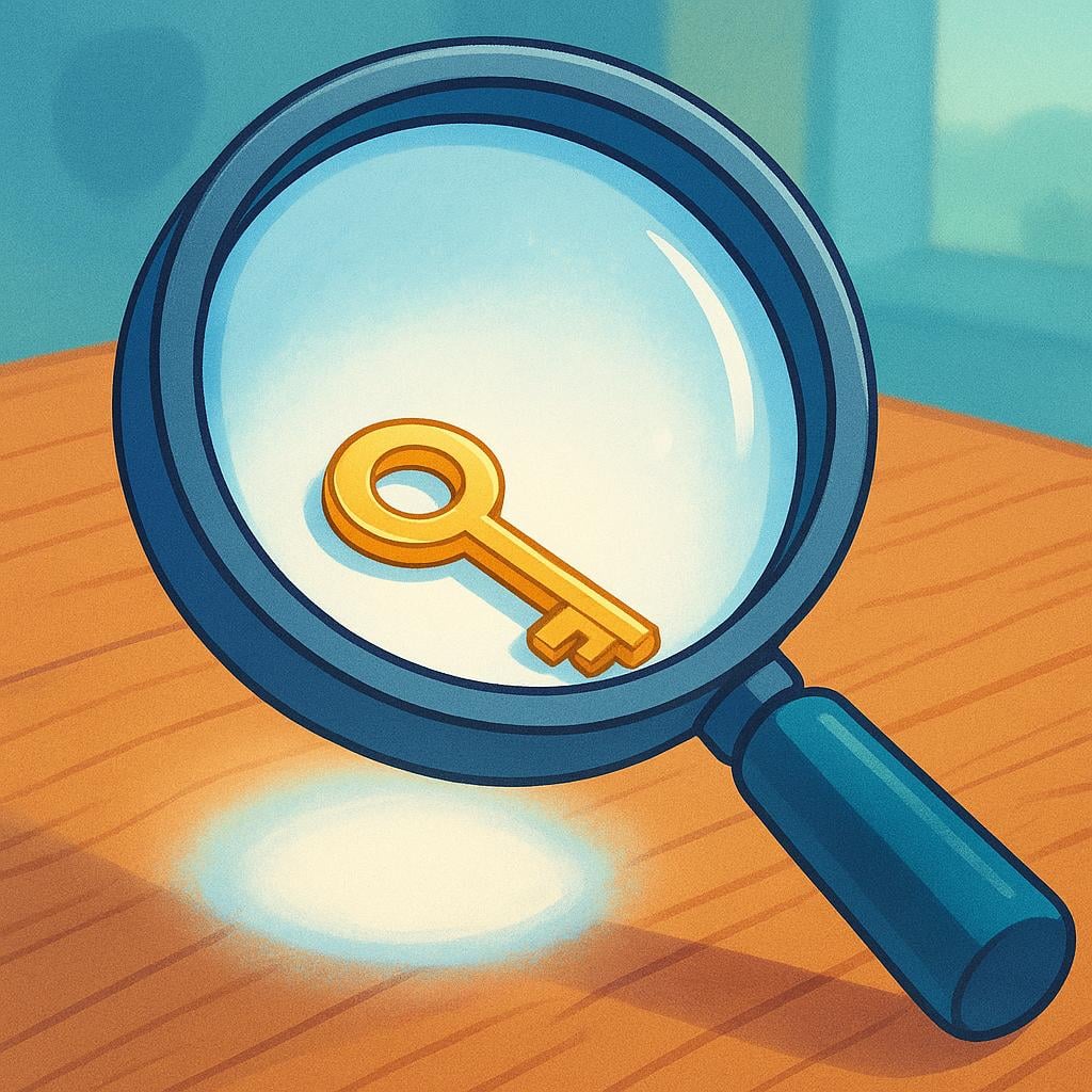 A large, glowing magnifying glass is centered over a perfect, small golden key resting on a wooden surface, symbolizing proof or evidence.