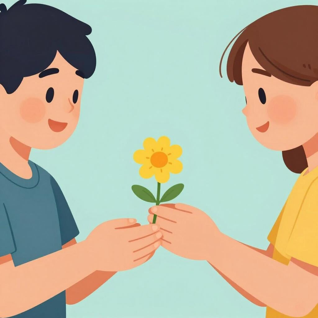 Een persoon met een vriendelijke uitdrukking die een enkele bloem aan een vriend aanbiedt als een beleefd gebaar.