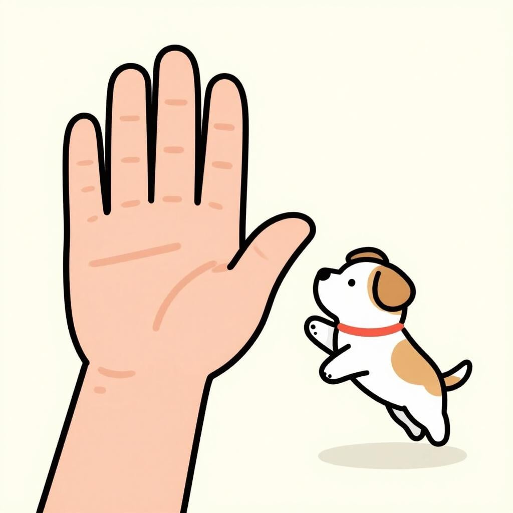 A hand held up in a firm stop gesture in front of a playful puppy.