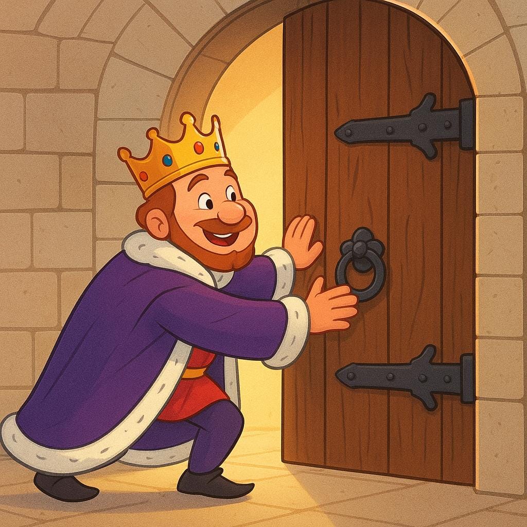 A king in a crown and regal robes personally opening a large, heavy wooden door, emphasizing that he is doing it without assistance.