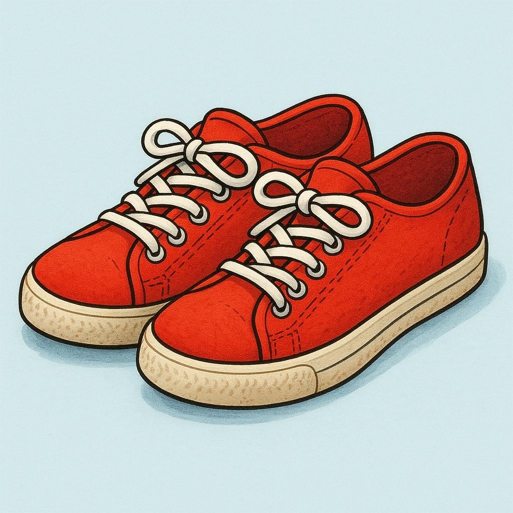 A pair of bright red lace-up tennis shoes resting side-by-side on a simple, light-colored surface.