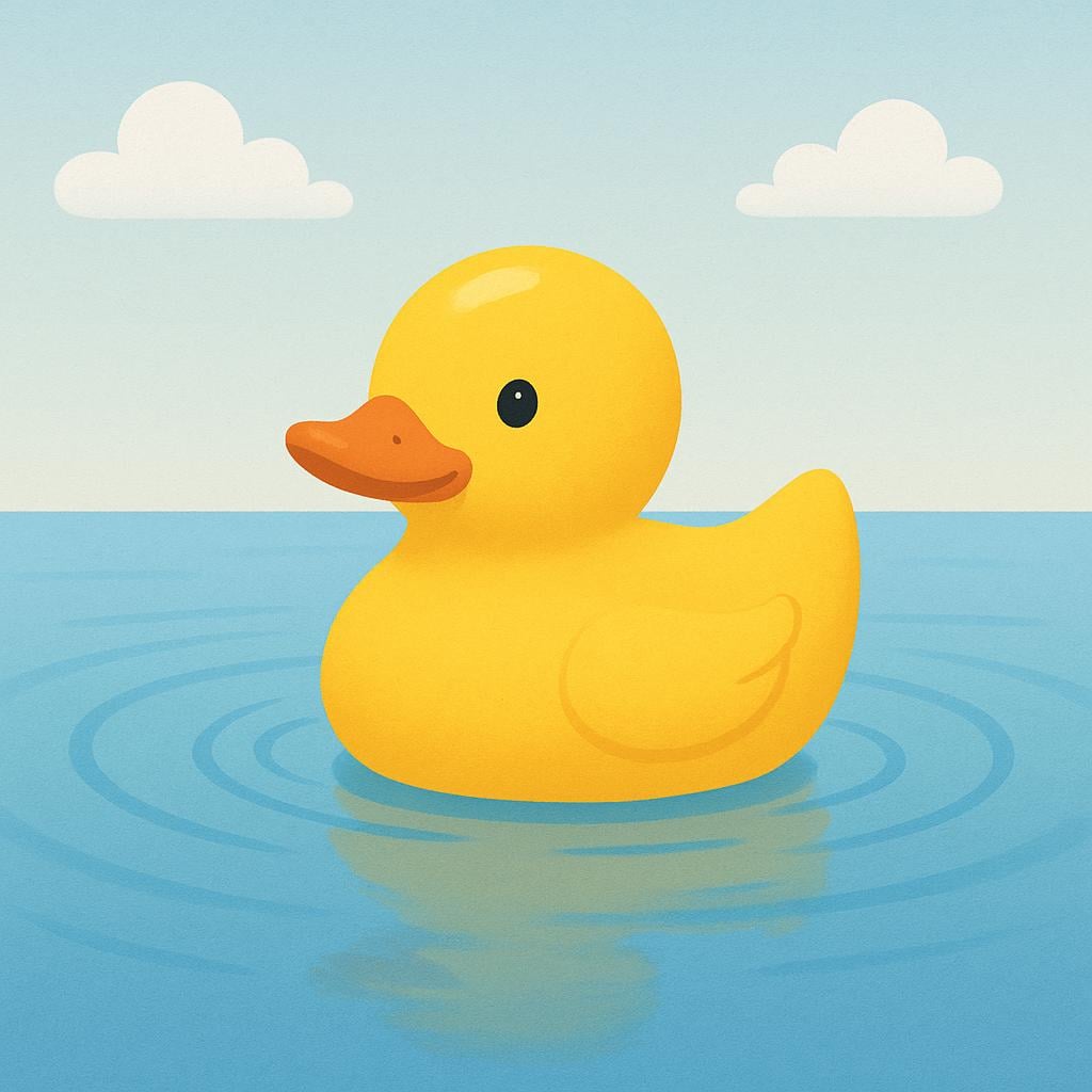 A cute, small yellow rubber duck floating on water.