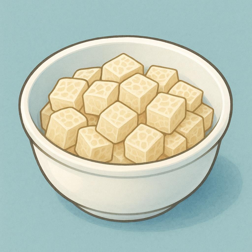 A white ceramic bowl containing pale, textured cooked tripe cut into small squares.