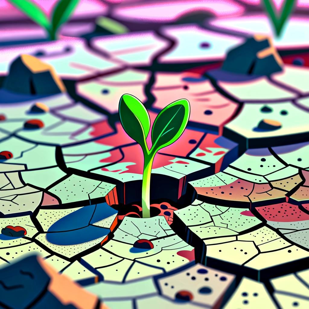 A tiny, fragile green plant struggling to grow out of heavily cracked, dry, reddish earth, illustrating the severity of a problem like drought.
