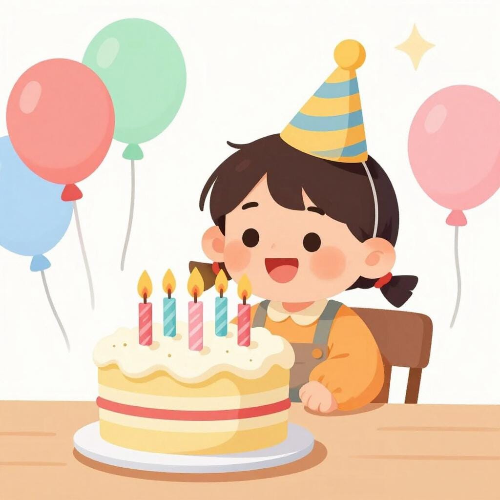 A happy child wearing a colorful party hat, sitting in front of a birthday cake with glowing candles.