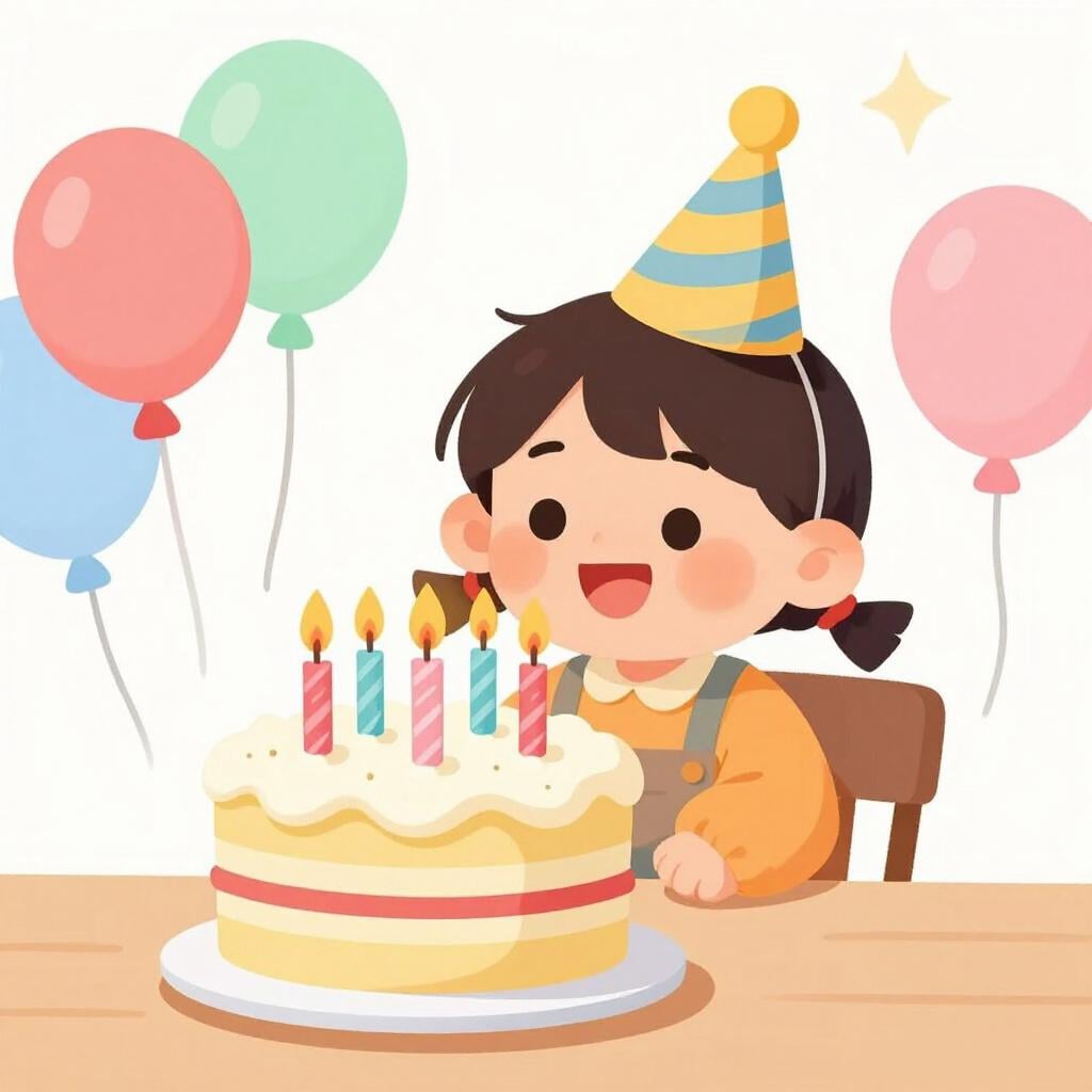 A happy child wearing a colorful party hat, sitting in front of a birthday cake with glowing candles.