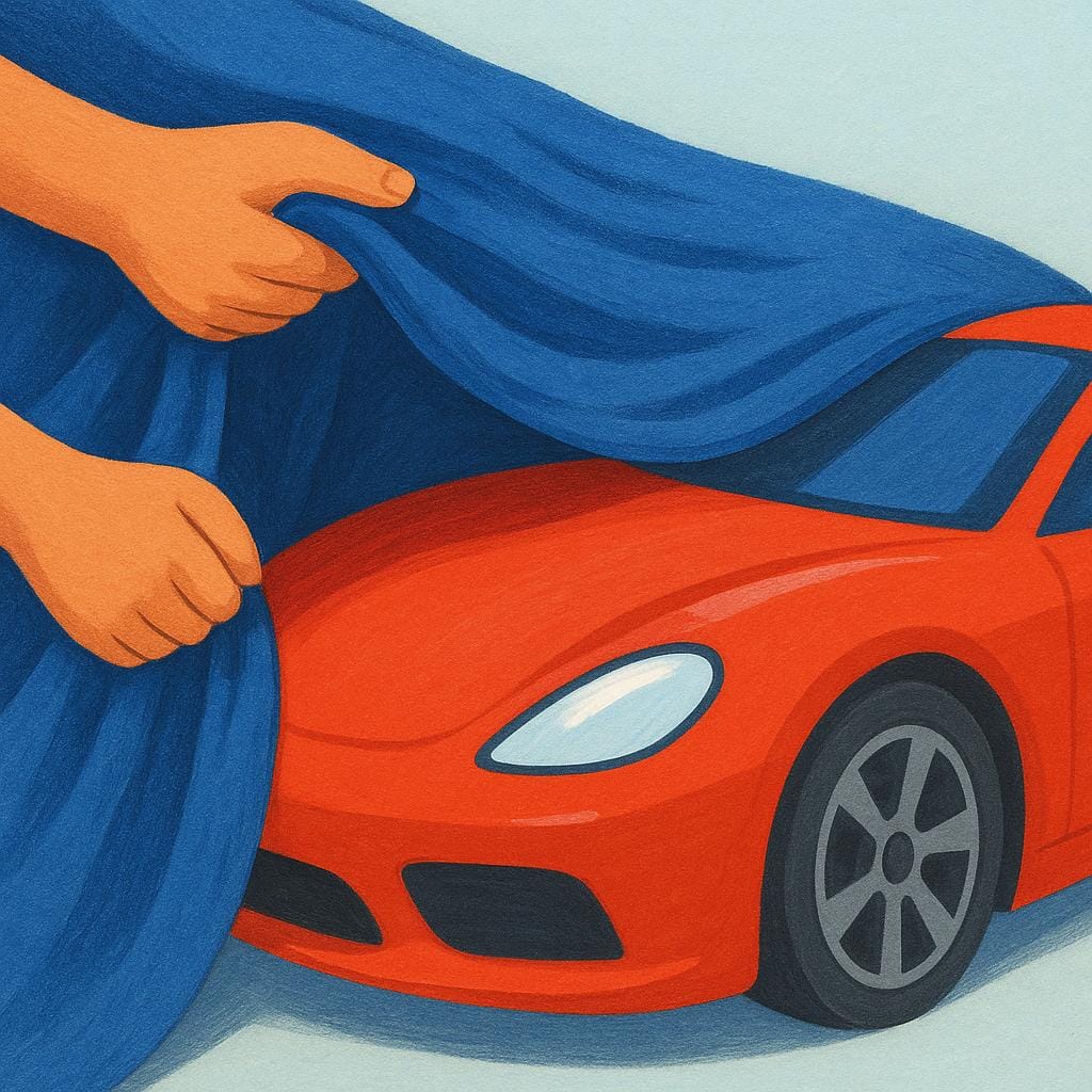 A simple illustration focusing on a pair of hands lifting a blue cloth to reveal the shiny red hood of a car beneath it.