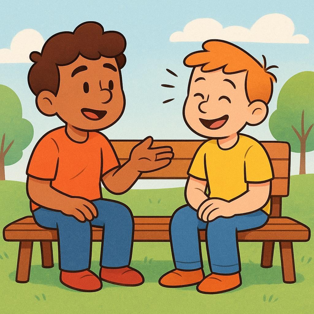 Two friends sitting closely, one whispering to the other who is nodding with a knowing, affirmed smile.