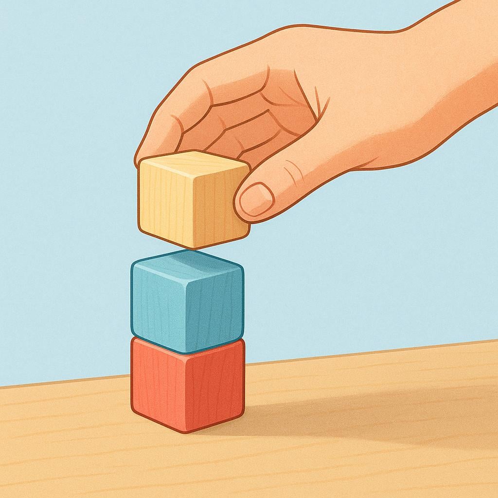 A hand carefully placing the final wooden block onto a small tower, symbolizing the completion of a sequence of deliberate actions or measures.