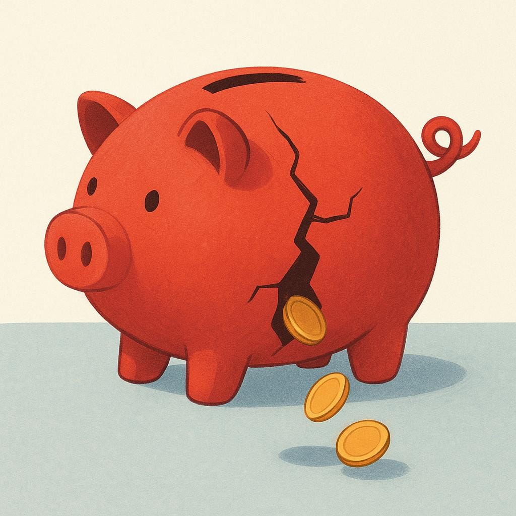 A red ceramic piggy bank standing empty, with a visible crack in its side from which a few coins have fallen onto the ground.