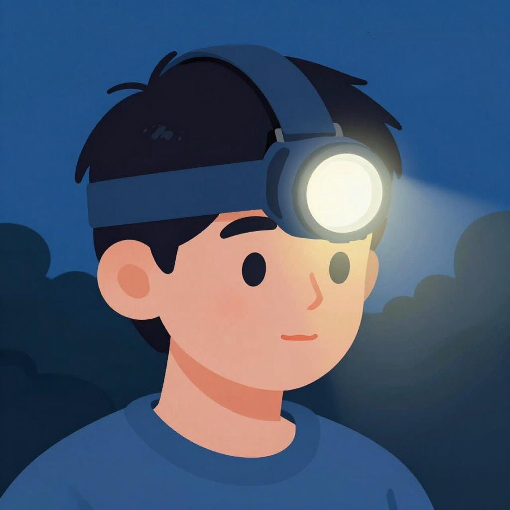 A person wearing a headlamp on their forehead while hiking at dusk.