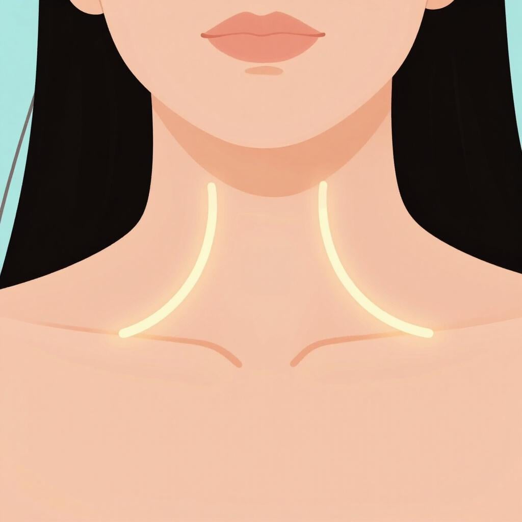 A close-up of a person's neck and throat area with glowing lines to represent vocal cords.