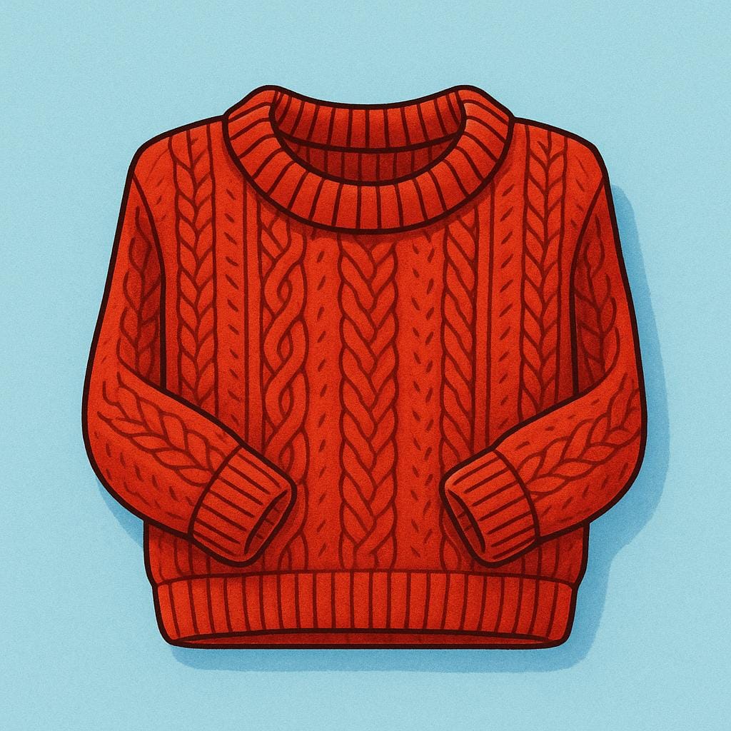 A cozy, bright red knitted sweater, neatly folded on a surface.
