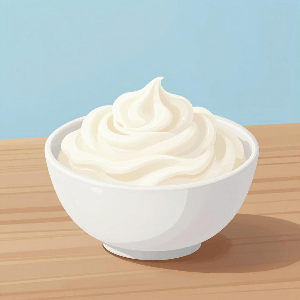 A small white ceramic bowl filled with thick, smooth white cream sitting on a simple wooden surface.
