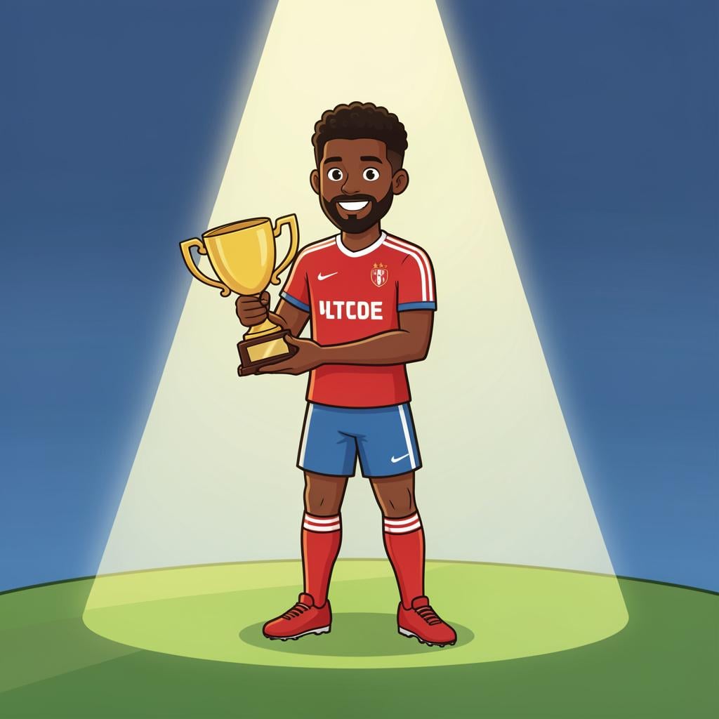 A soccer player celebrating a goal under a bright spotlight.