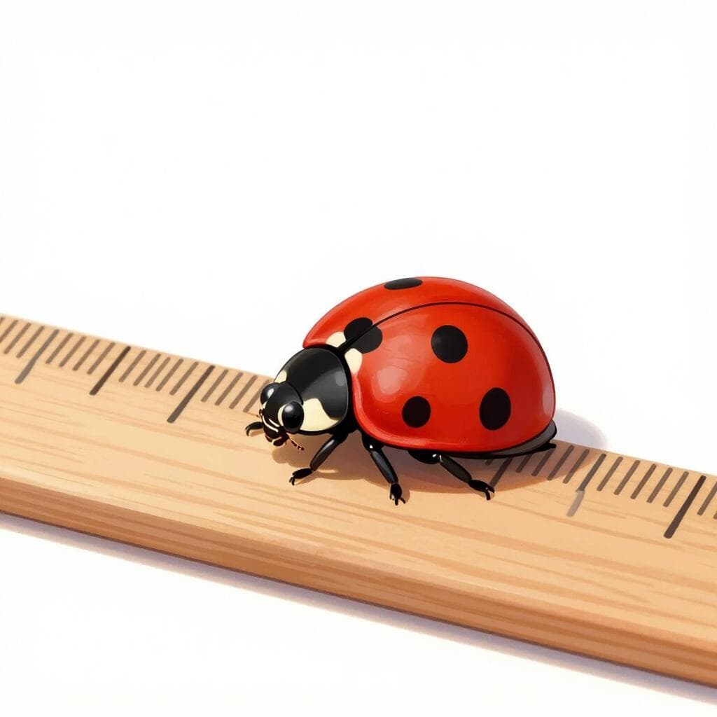 A tiny, colorful ladybug walking along a small wooden ruler showing small increments.