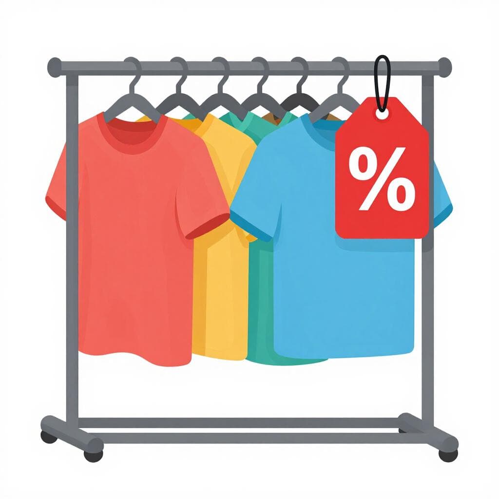 Un portant à vêtements coloré avec une étiquette rouge vif de réduction accrochée à un magasin.