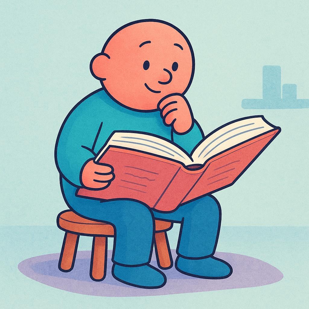 A cheerful, simple figure sitting and reading a large, open book, illustrating the concept of being informed and having knowledge.