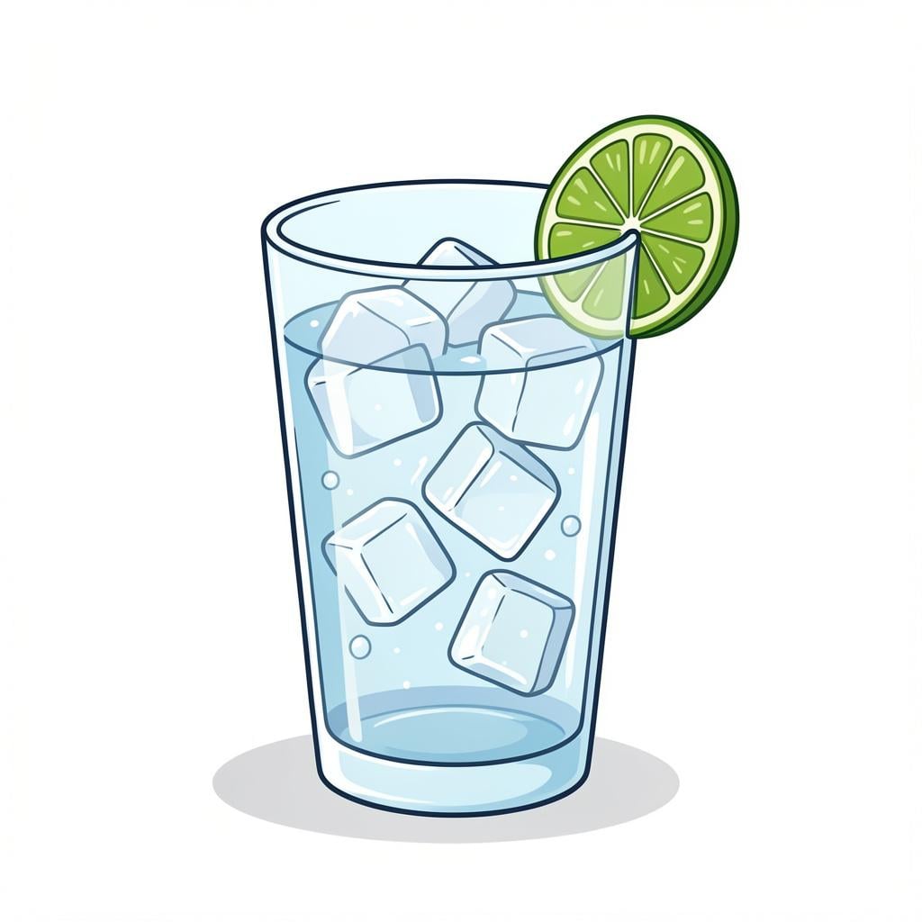 A clear glass of sparkling water with a slice of lime on the rim and many small bubbles.
