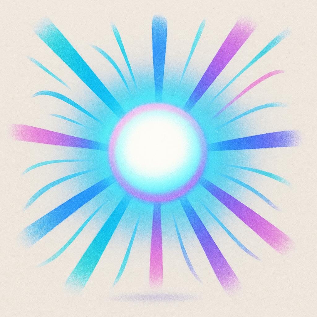 A stylized, brightly glowing central orb radiating powerful energy beams outward, symbolizing a driving force or motivation.