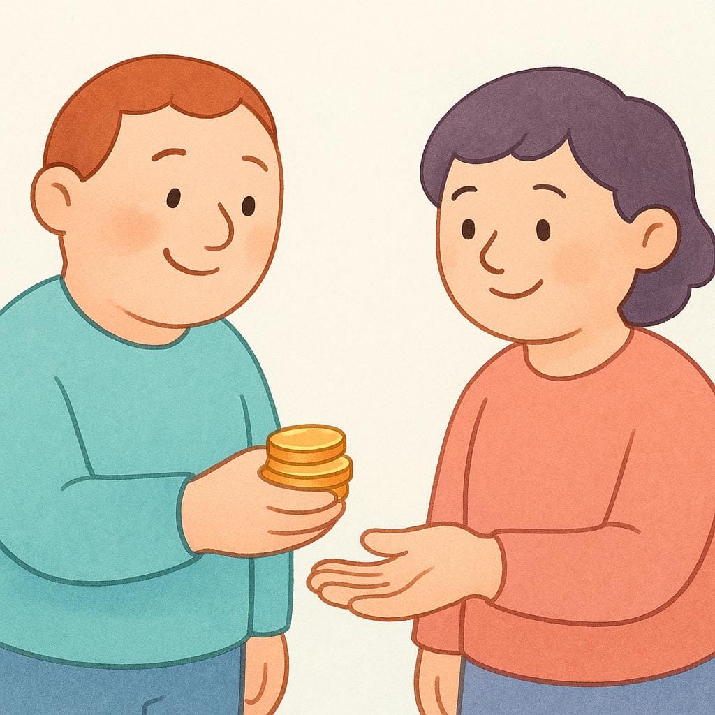 Um personagem pagando a outro personagem uma pilha de moedas de ouro, simbolizando o acerto de uma dívida.