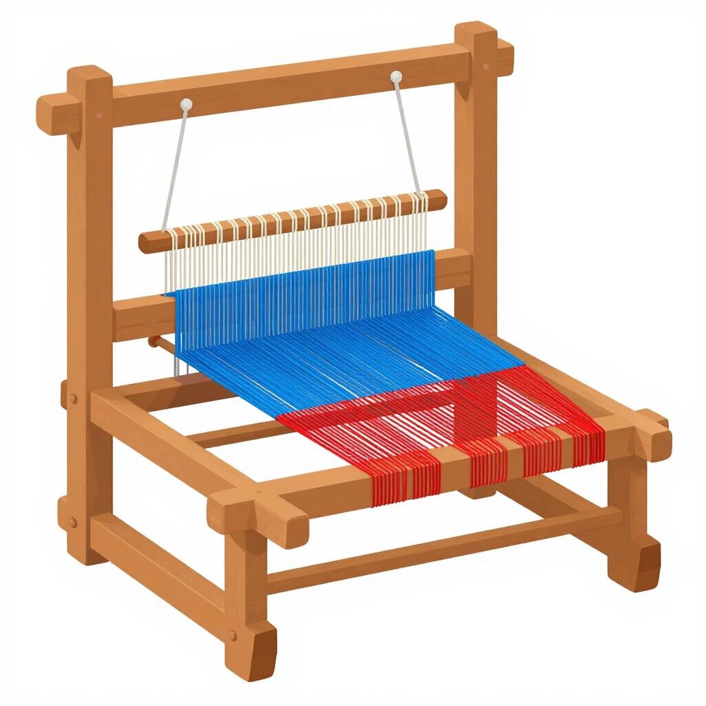 Un métier à tisser en bois avec des fils colorés en train d'être tissés en un motif.