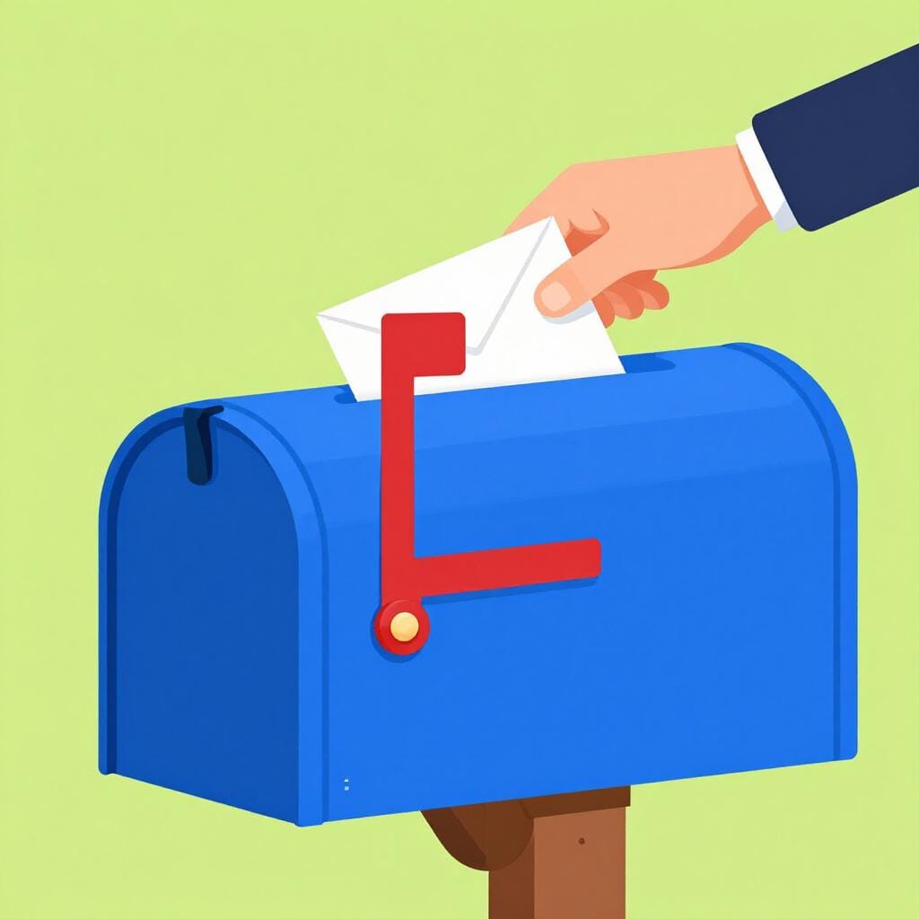 Eine Hand, die einen kleinen Umschlag in einen leuchtend blauen Briefkasten legt.